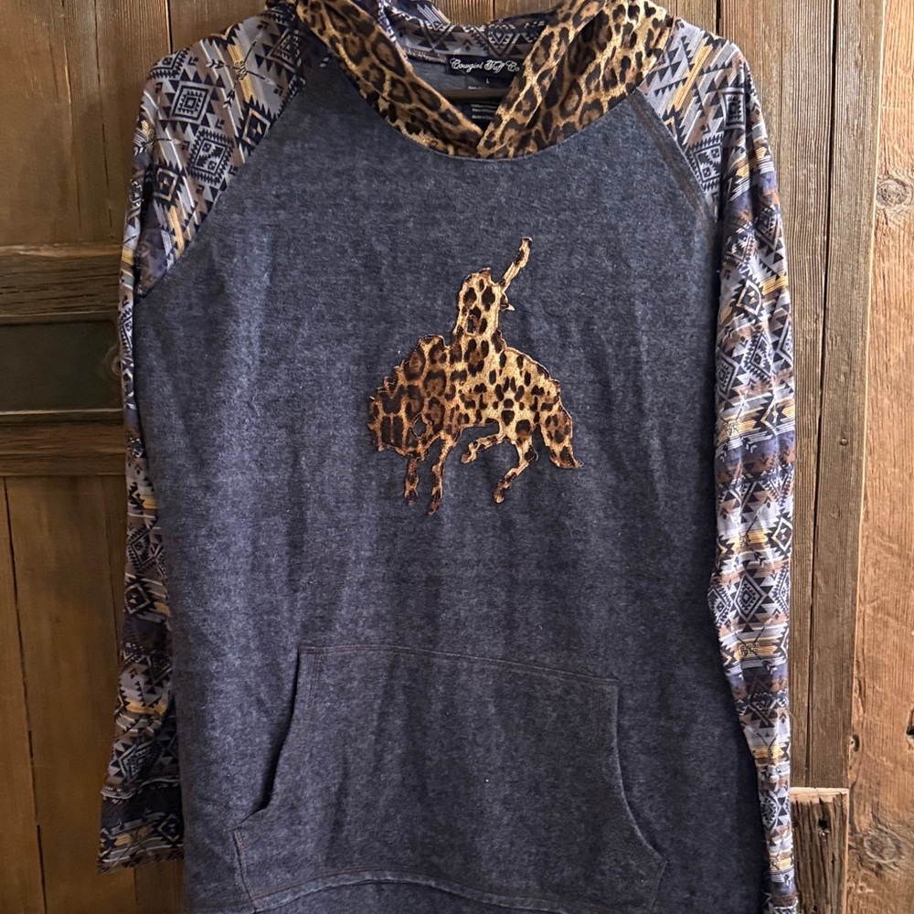 Cowgirl Tuff Blue, Aztec, and Cheetah print, hoodie